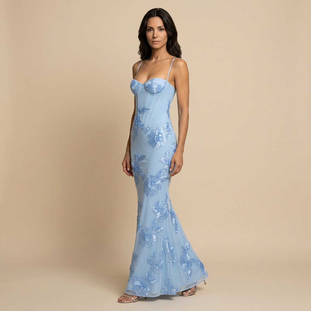 Women's Maxi Dress with Floral Appliqué Corset Bodice and Mermaid Silhouette