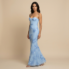 Women's Maxi Dress with Floral Appliqué Corset Bodice and Mermaid Silhouette