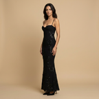 Women's Maxi Dress with Floral Appliqué Corset Bodice and Mermaid Silhouette