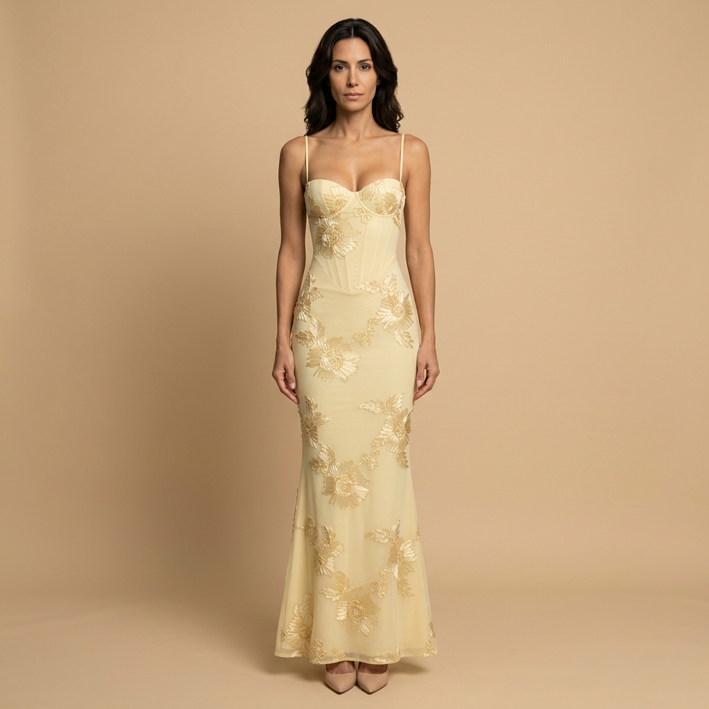 Women's Maxi Dress with Floral Appliqué Corset Bodice and Mermaid Silhouette