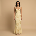 Women's Maxi Dress with Floral Appliqué Corset Bodice and Mermaid Silhouette