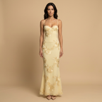 Women's Maxi Dress with Floral Appliqué Corset Bodice and Mermaid Silhouette