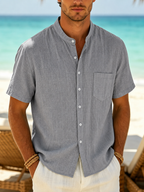 Men's Linen Shirt with Stand Collar, Short Sleeves and Chest Pocket