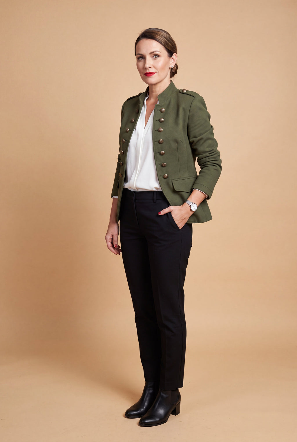 Women's Blazer Military Style Structured in Green — primary studio