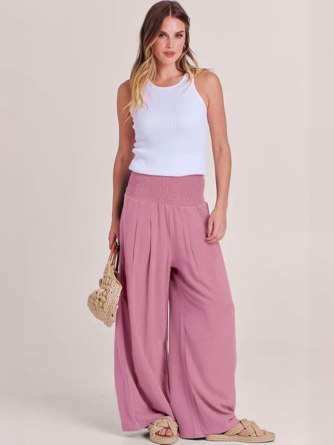 Women's Wide Leg Pants with Smocked High Waist