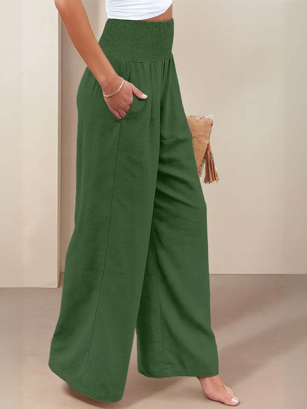 Women's Wide Leg Pants with Smocked High Waist