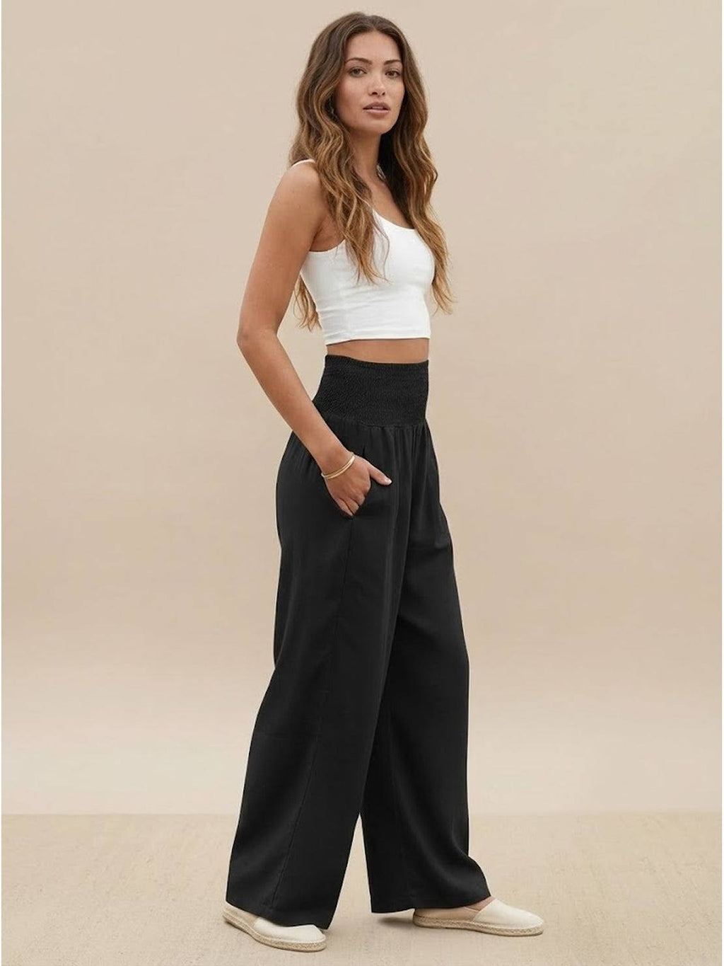 Women's Wide Leg Pants with Smocked High Waist