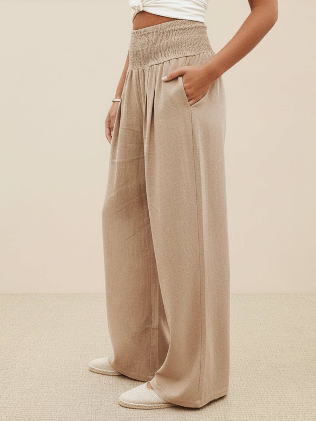 Women's Wide Leg Pants with Smocked High Waist