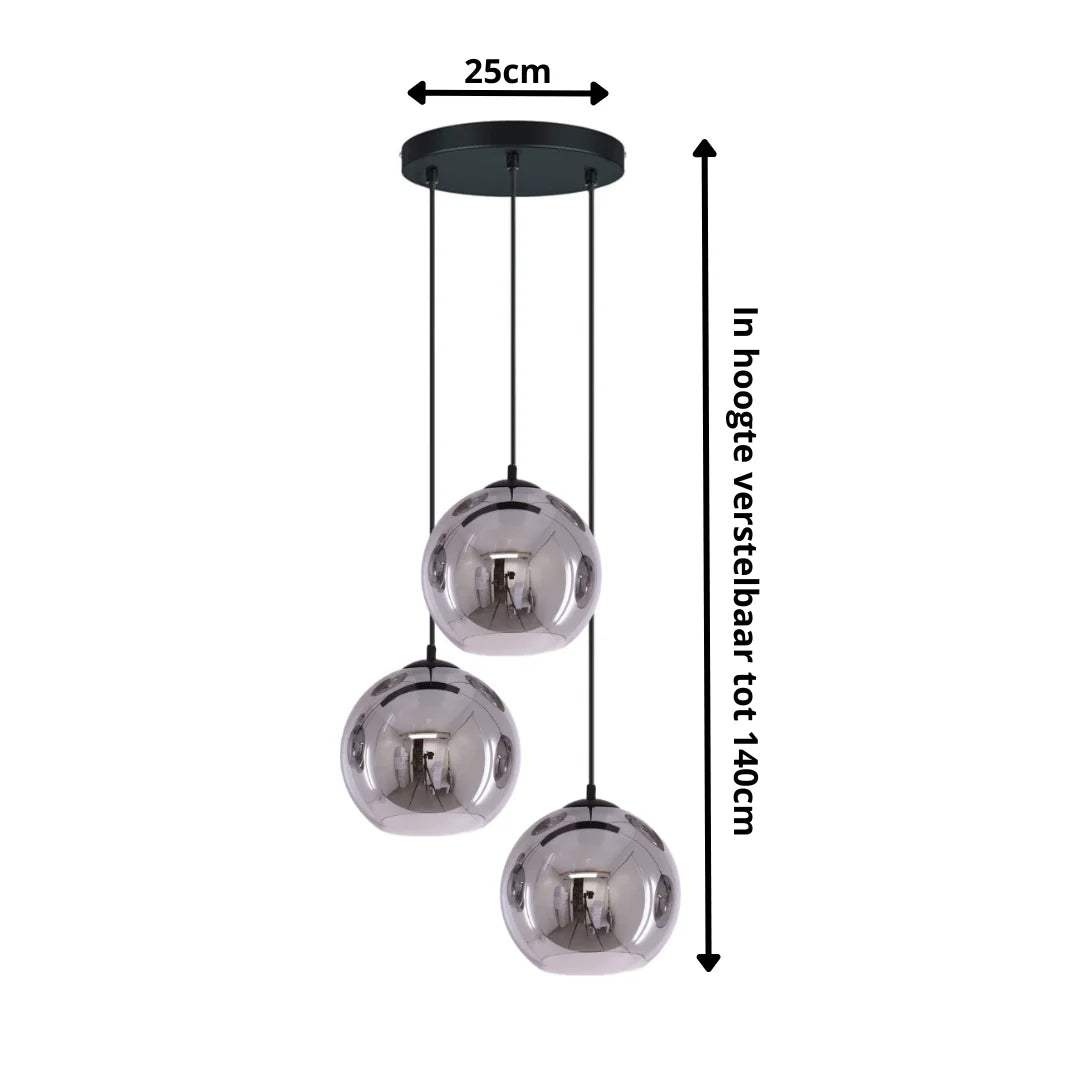 Industrial 3-Light Smoke Glass Globe Pendant Lamp in Black/Grey