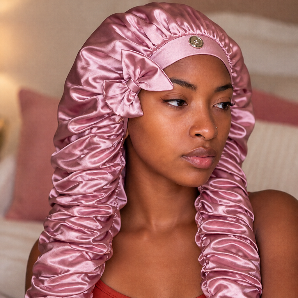 Long Hair Satin Sleep Bonnet with Extra-Long Sleeve and Secure Tie