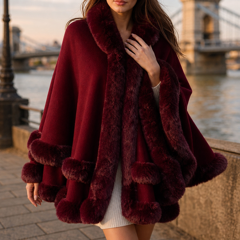 Women's Faux Fur Trim Hooded Knit Cape Coat – Open Front