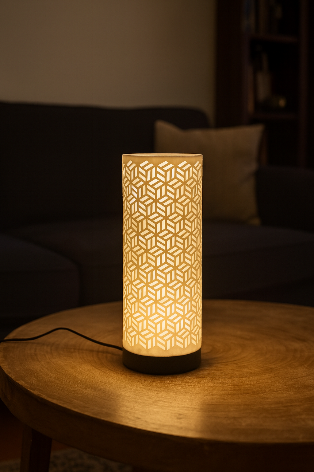 Dia Table Lamp with Geometric Cut-Out Cylinder Shade and Sleek Base – Modern Ambient Lighting