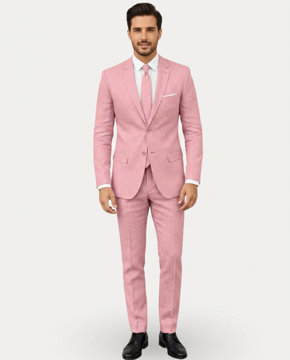 Men's Slim Fit Linen Suit, Single-Breasted Two-Button Jacket & Trousers