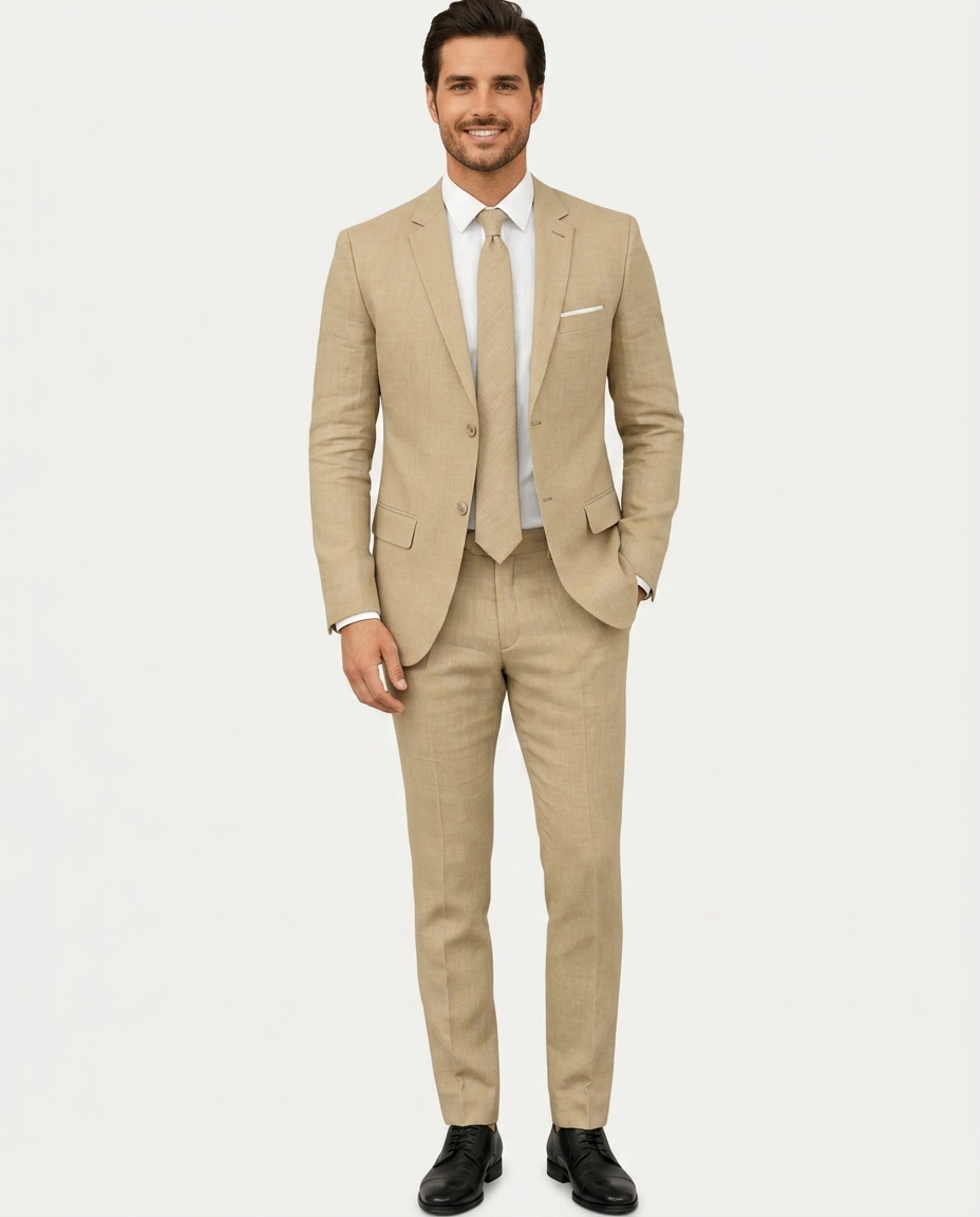 Men's Slim Fit Linen Suit, Single-Breasted Two-Button Jacket & Trousers