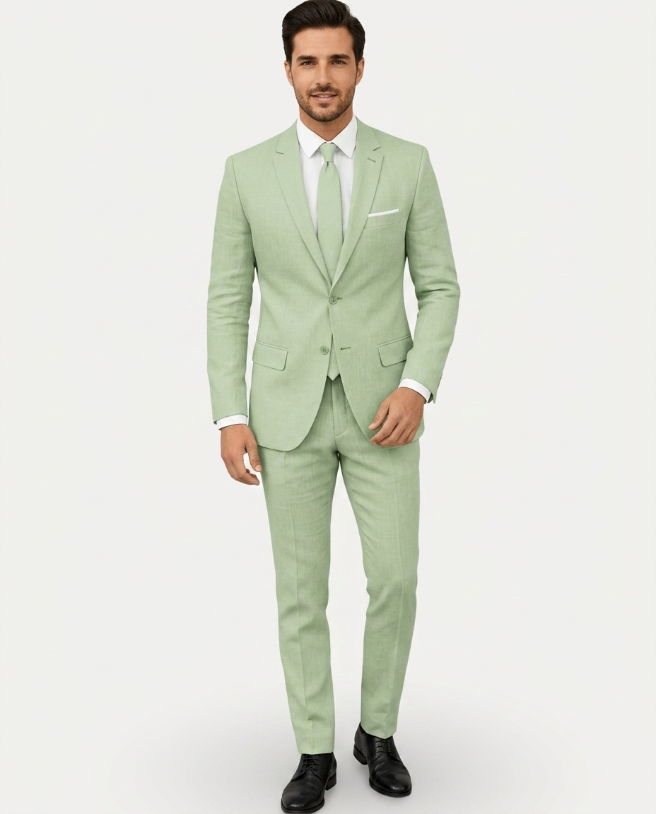 Men's Slim Fit Linen Suit, Single-Breasted Two-Button Jacket & Trousers