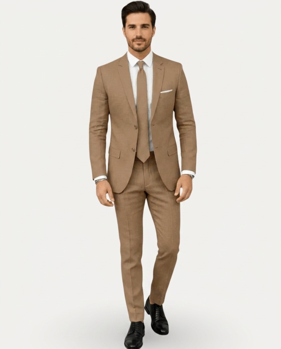 Men's Slim Fit Linen Suit, Single-Breasted Two-Button Jacket & Trousers
