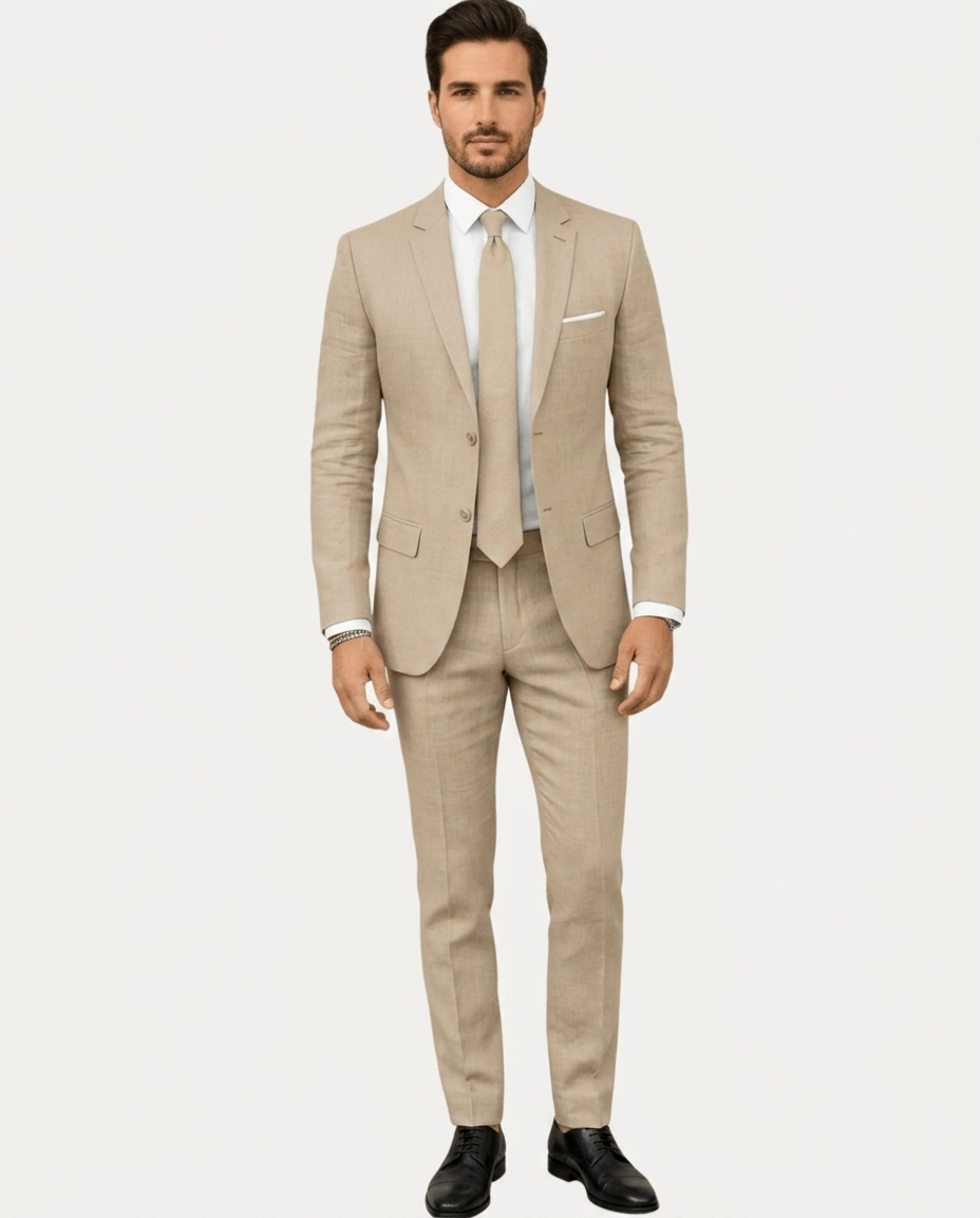 Men's Slim Fit Linen Suit, Single-Breasted Two-Button Jacket & Trousers