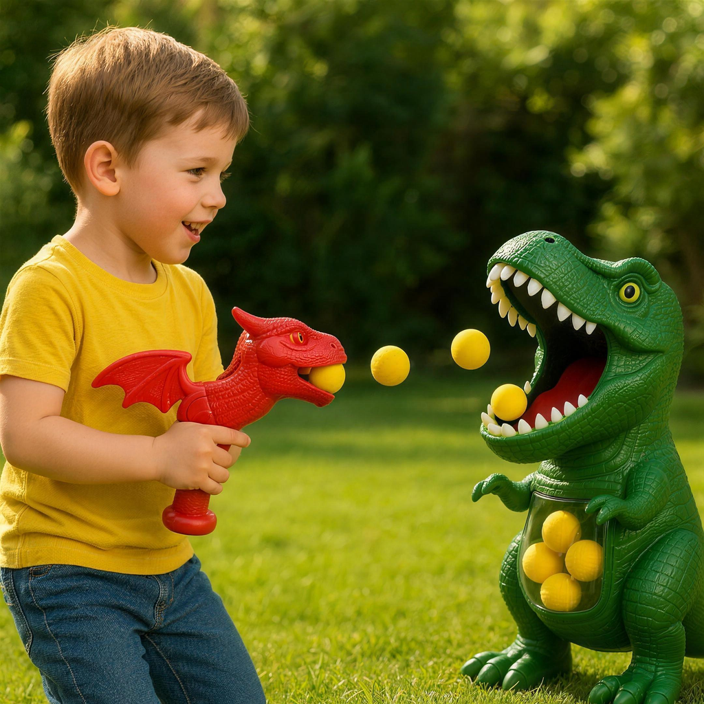 Enfant jouant avec le set de tir à la cible dinosaure
