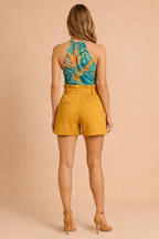 Women's High Waist Shorts with Tie Belt - Pleated Front, Side Pockets