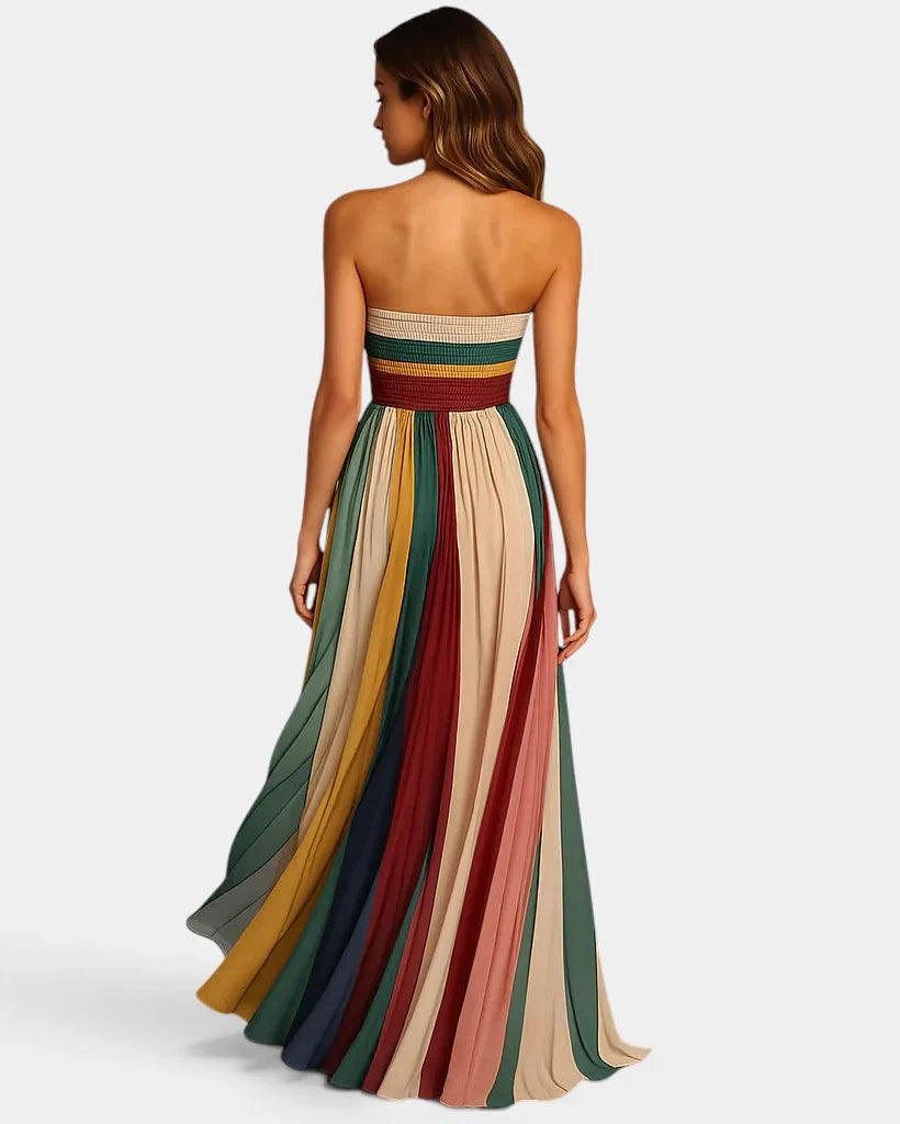 Women's Strapless Maxi Dress Pleated Multicolor Evening Gown