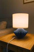 Geo Modern Table Lamp with Blue Geometric Base and White Ribbed Shade – Ambient Lighting