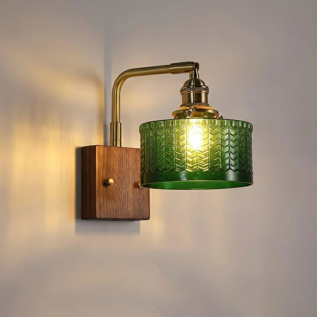 Elegant Green Wall Lamp with Wooden Base & Glass Shade