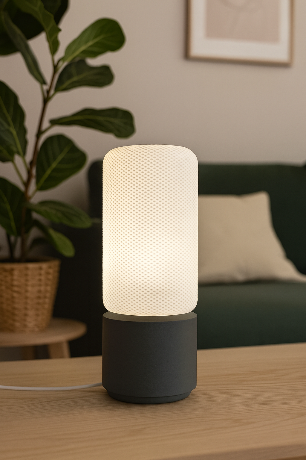 Dots Modern Table Lamp with Cylindrical White Shade and Grey Base – Stylish Ambient Lighting