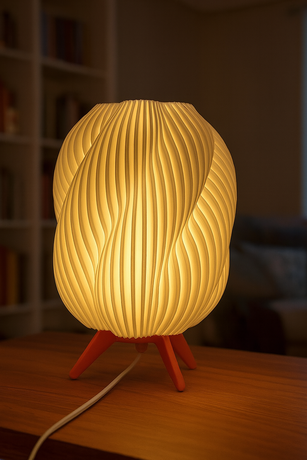 Wave Design Table Lamp with Wavy White Shade and Wooden Base – Modern Ambient Lighting