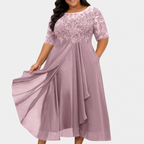 Women's Lace Wedding Guest Dress with Layered Chiffon Skirt