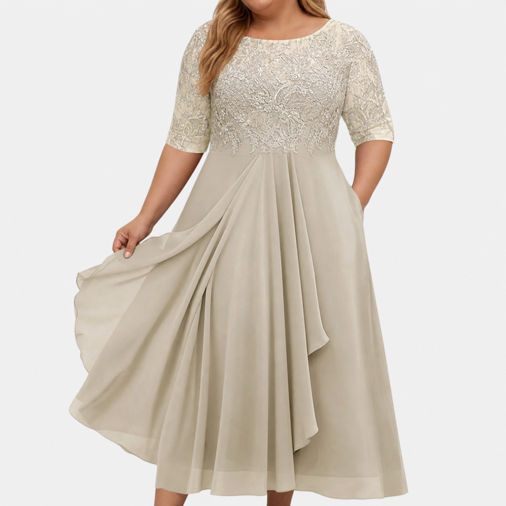 Women's Lace Wedding Guest Dress with Layered Chiffon Skirt