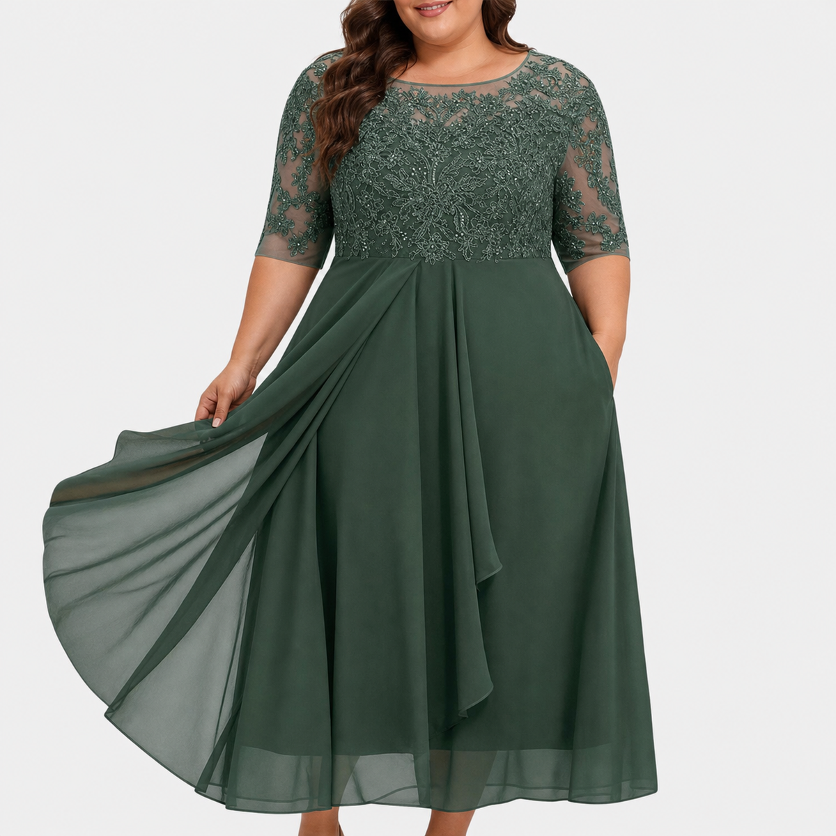 Women's Lace Wedding Guest Dress with Layered Chiffon Skirt