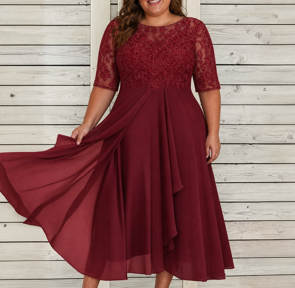 Women's Lace Wedding Guest Dress with Layered Chiffon Skirt