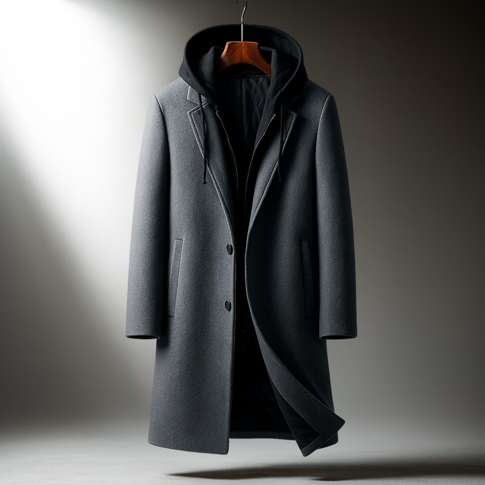 Men's Wool Blend Hooded Overcoat with Full-Zip Closure