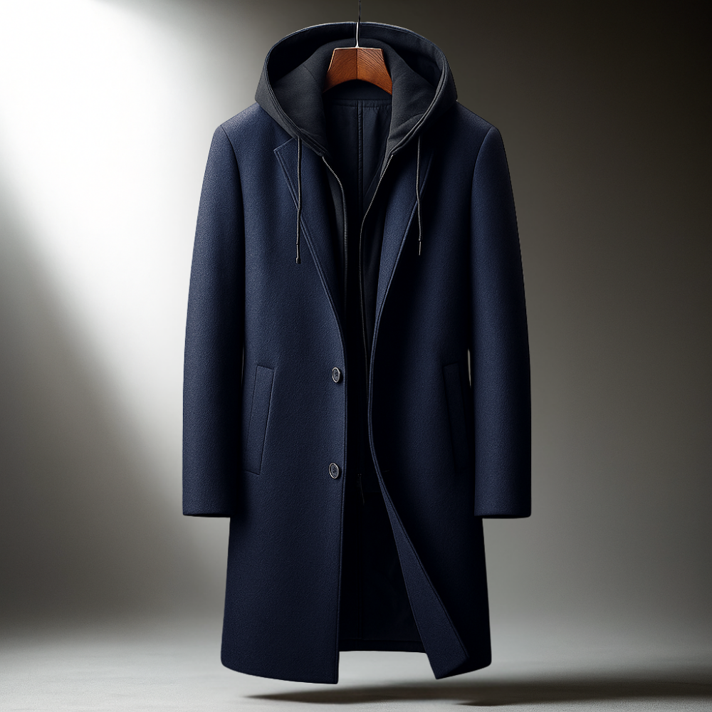 Men's Wool Blend Hooded Overcoat with Full-Zip Closure