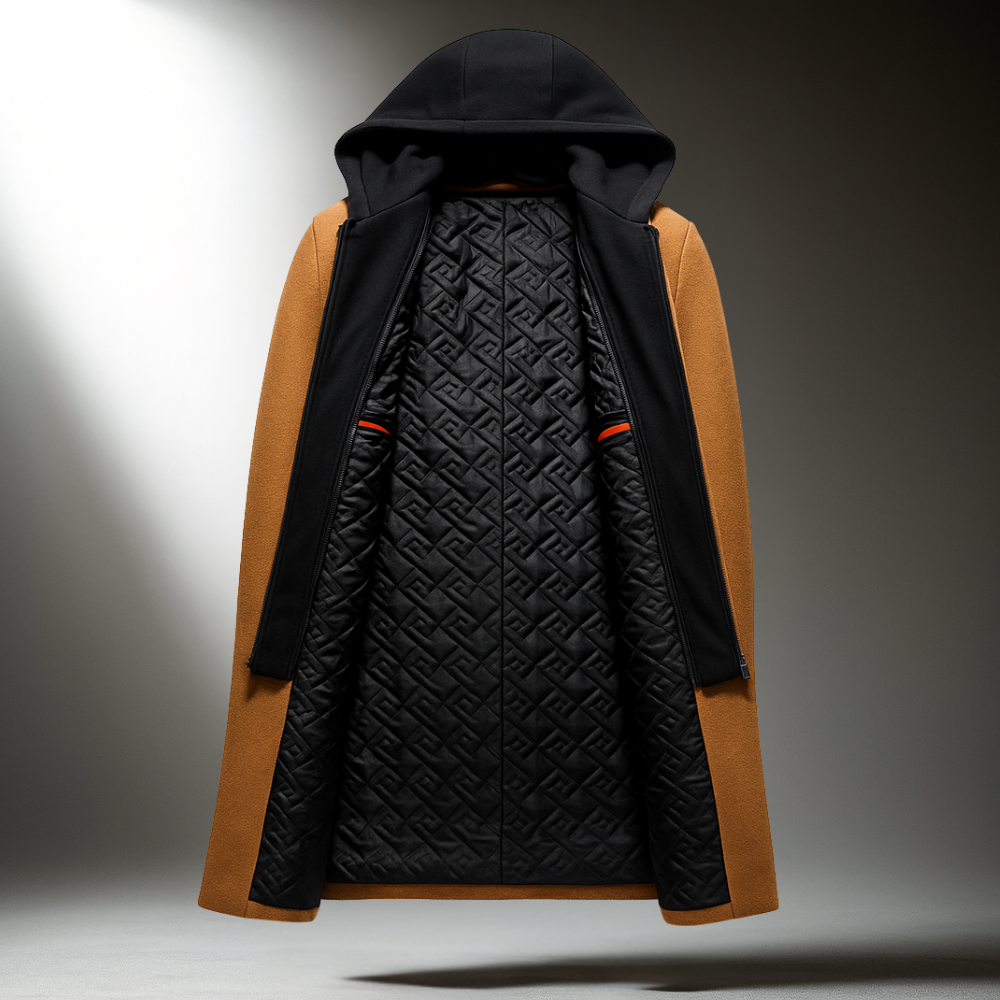 Men's Wool Blend Hooded Overcoat with Full-Zip Closure