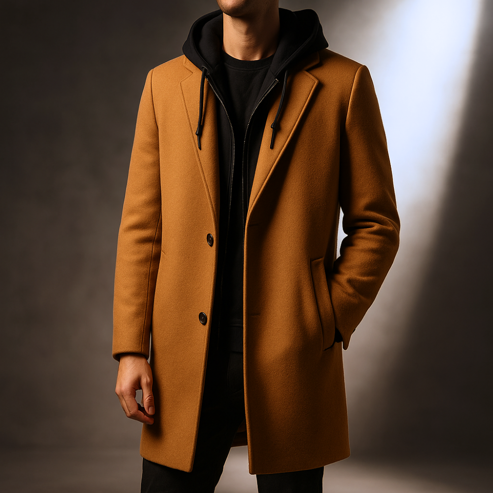 Men's Wool Blend Hooded Overcoat with Full-Zip Closure