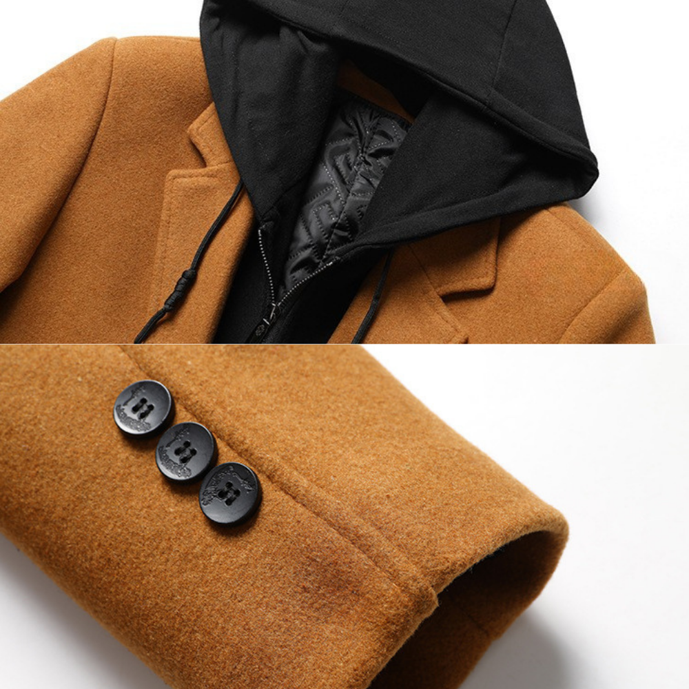 Men's Wool Blend Hooded Overcoat with Full-Zip Closure
