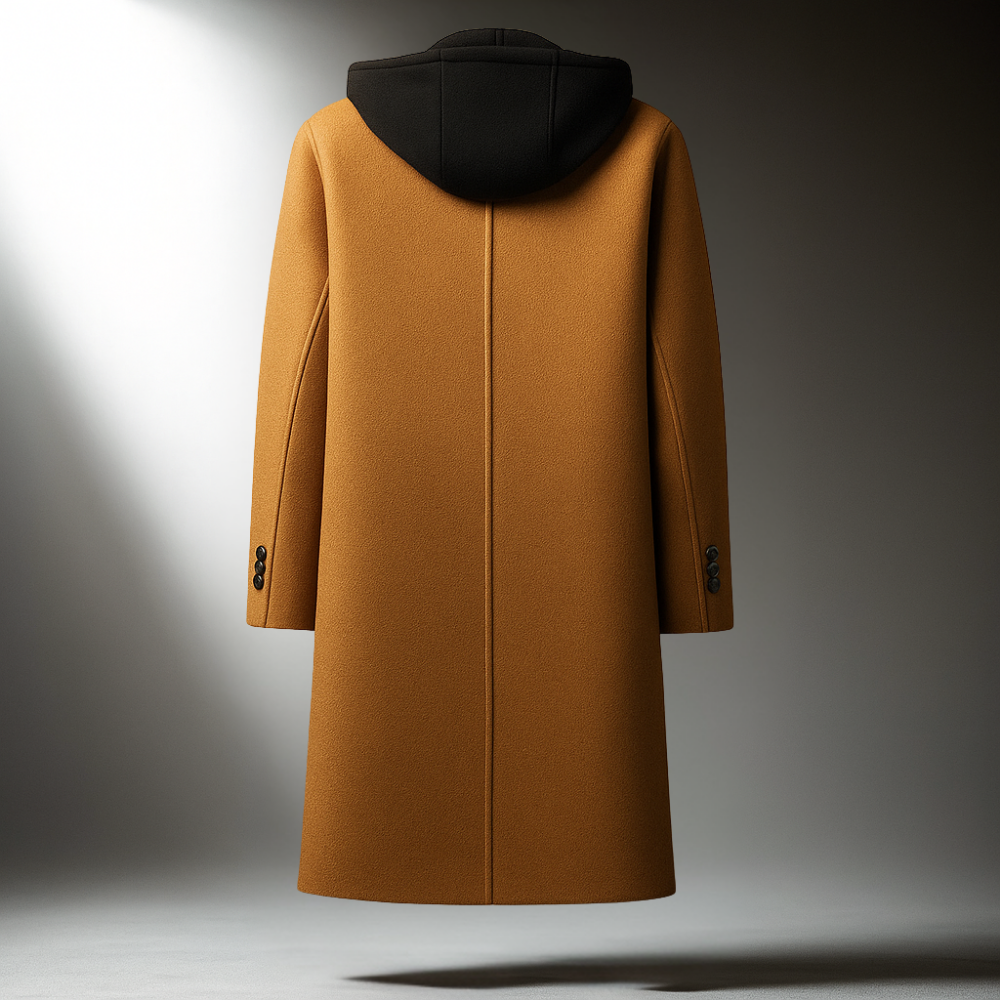 Men's Wool Blend Hooded Overcoat with Full-Zip Closure