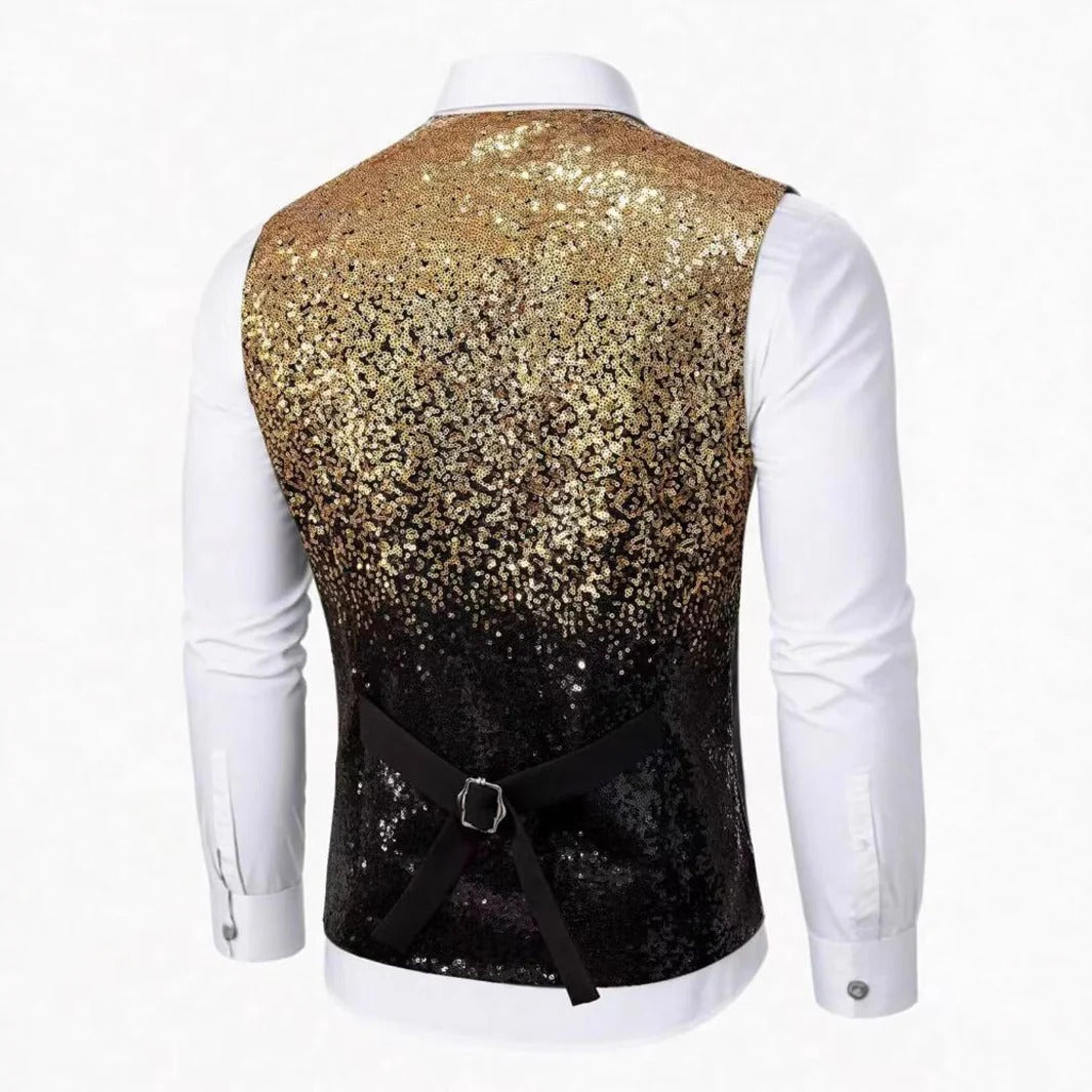 Men's Glitter Waistcoat with Satin Lapel - Gold Formal Vest