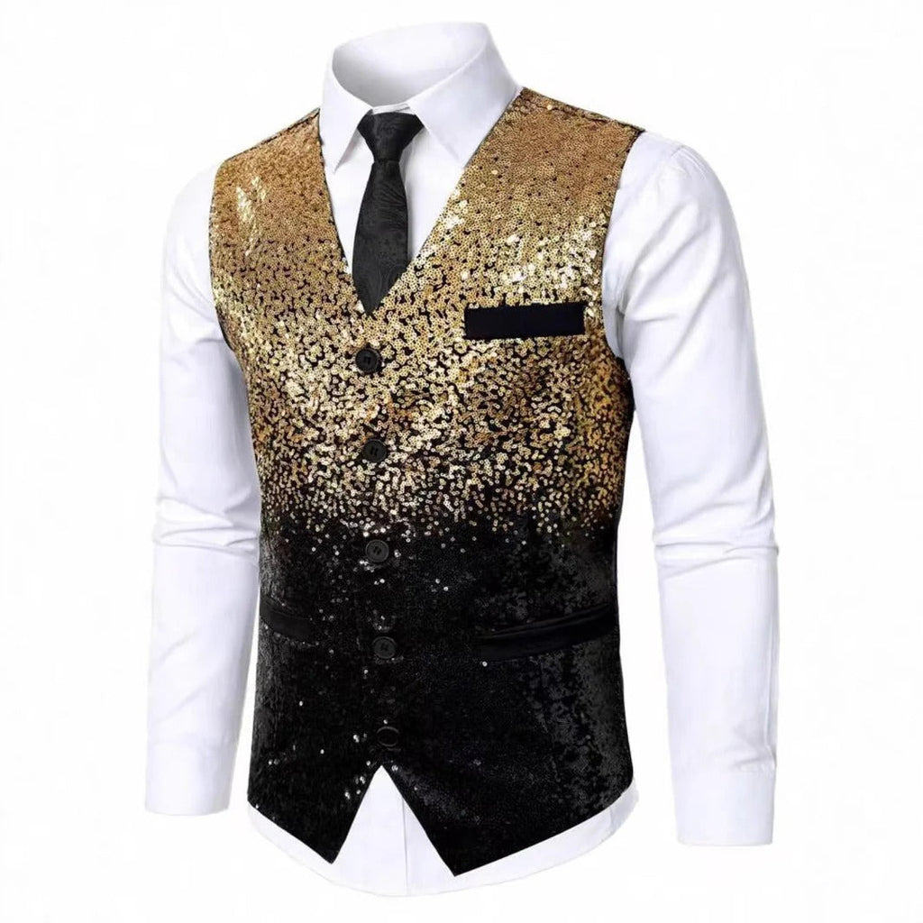 Men's Glitter Waistcoat with Satin Lapel - Gold Formal Vest