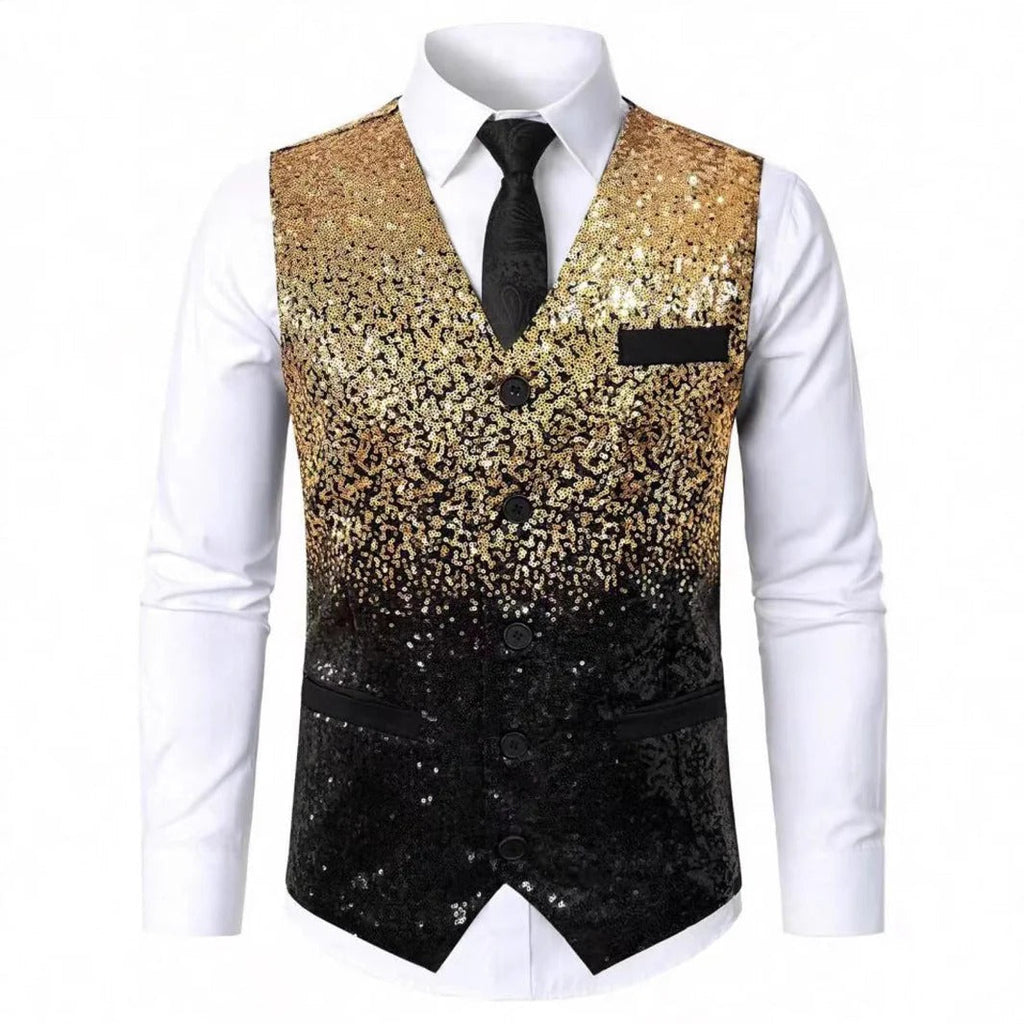 Men's Glitter Waistcoat with Satin Lapel - Gold Formal Vest