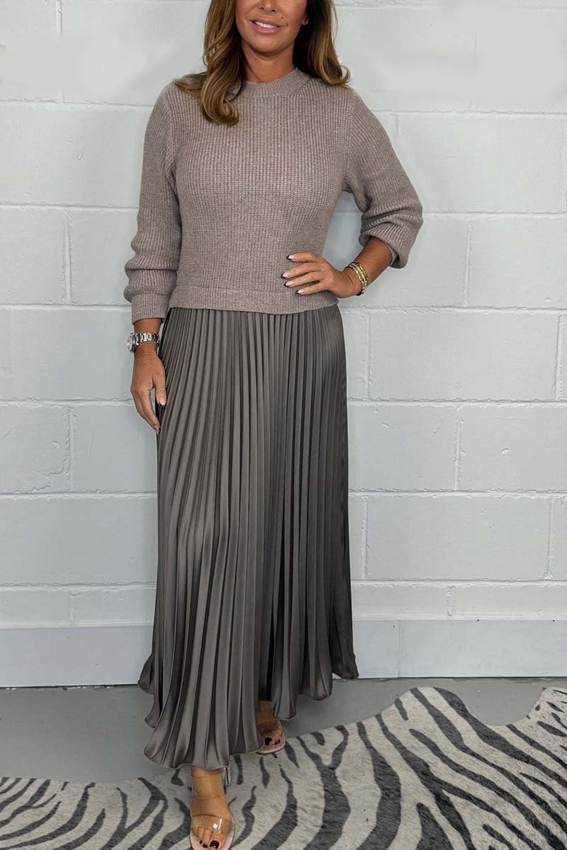 Women's Jumper Dress with Pleated Skirt - Knitted Cotton Blend Midi