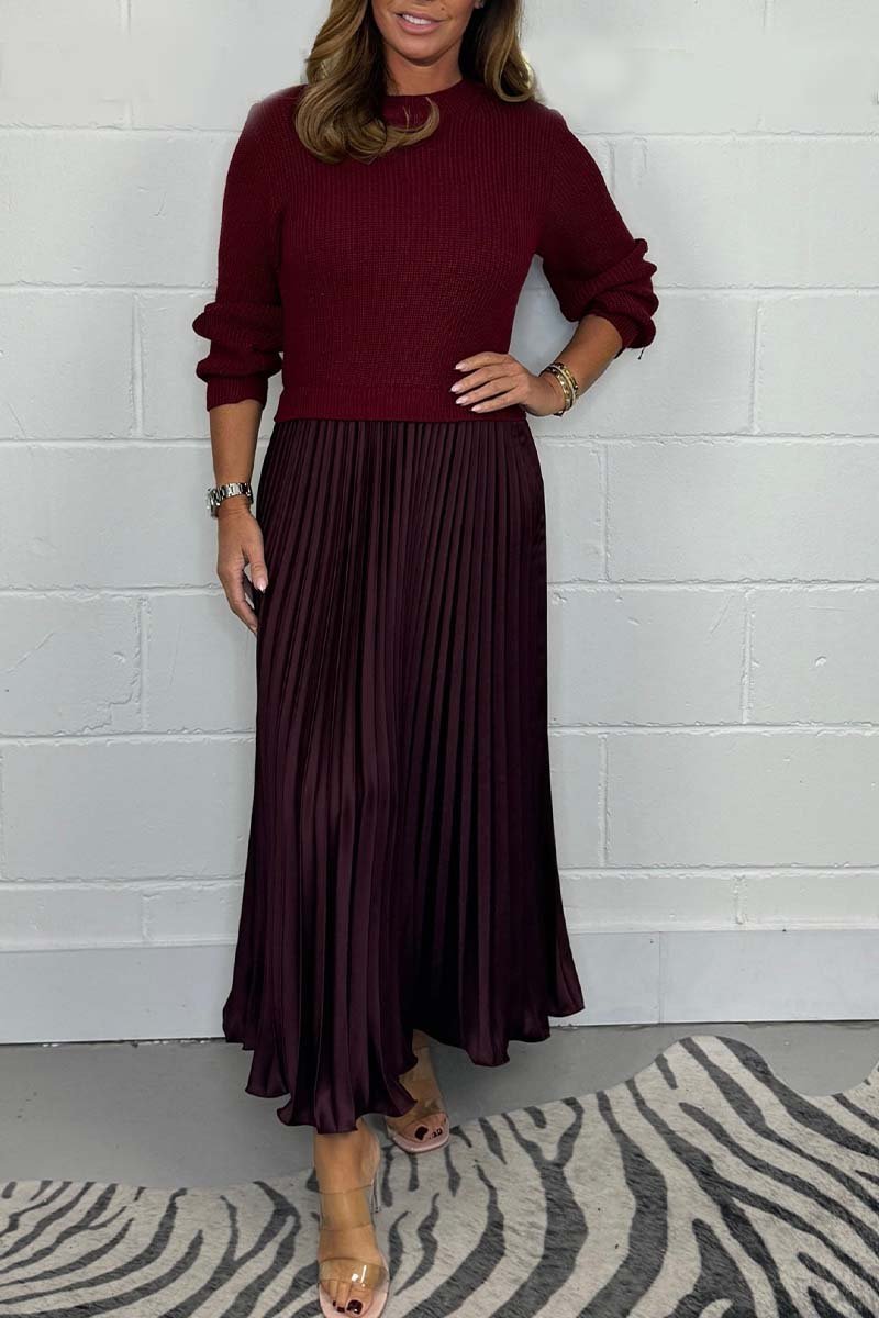 Women's Jumper Dress with Pleated Skirt - Knitted Cotton Blend Midi