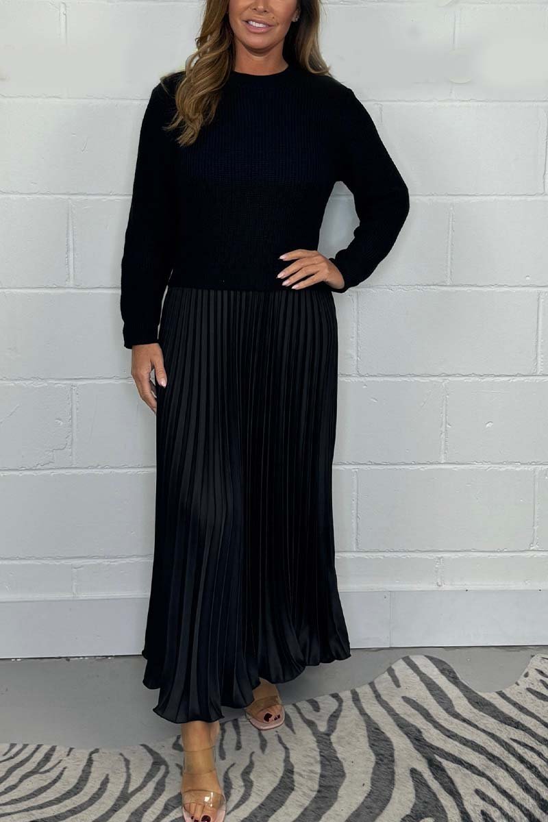 Women's Jumper Dress with Pleated Skirt - Knitted Cotton Blend Midi