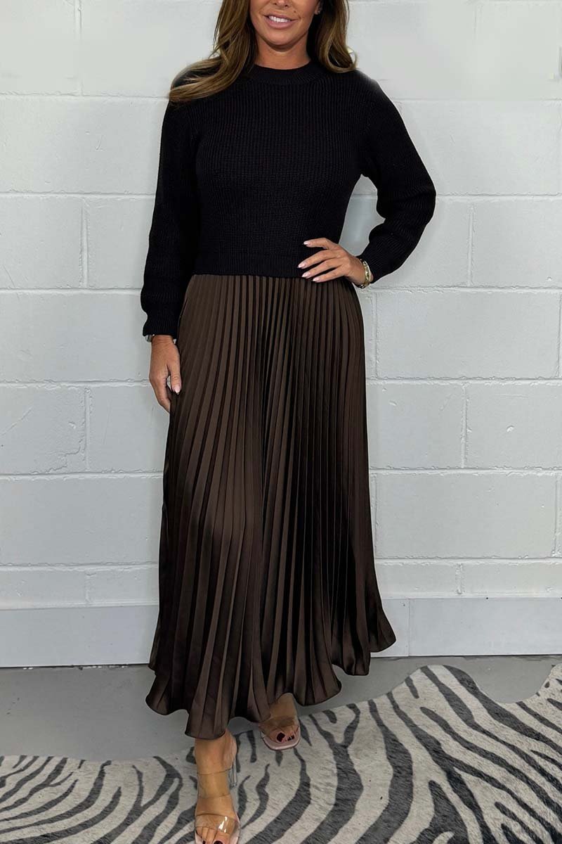 Women's Jumper Dress with Pleated Skirt - Knitted Cotton Blend Midi
