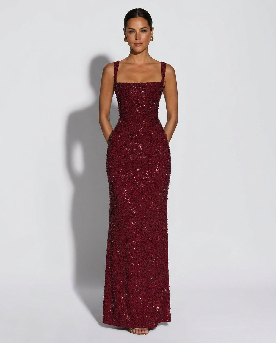 Women's Sleeveless Sequin Maxi Dress - Black Tie Evening Gown