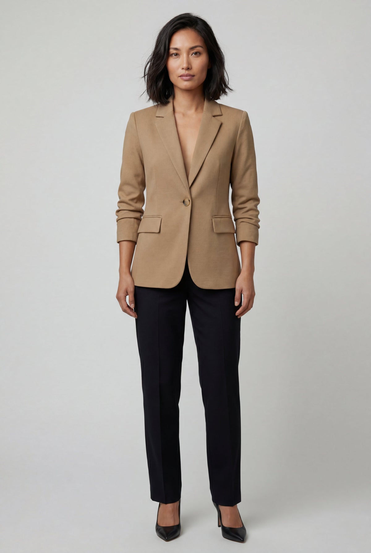 Khaki Fitted Single-breasted Blazer with Classic Lapel - Blazers - Photo 1