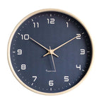 Nordic Wooden Wall Clock with navy face and beige wooden bezel, shown on a plain white background in product photography.