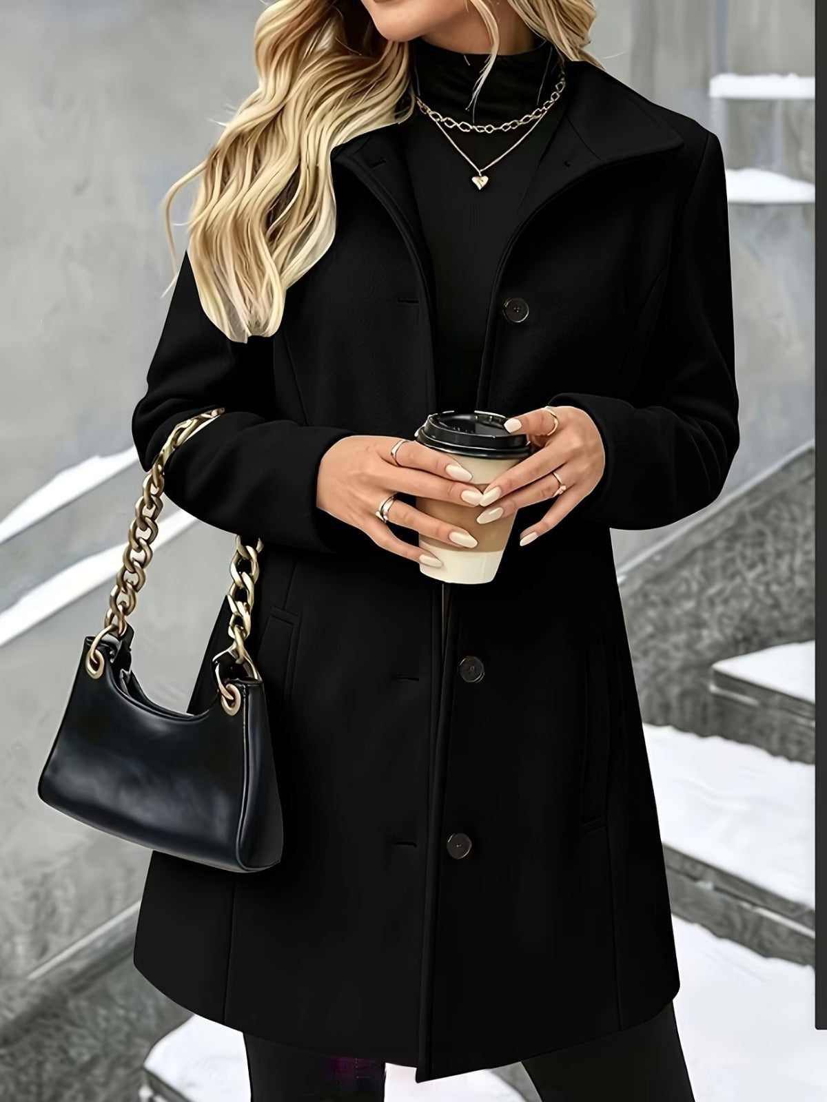 Women's Winter Coats with Lapel Collar, Long Button-Front Style