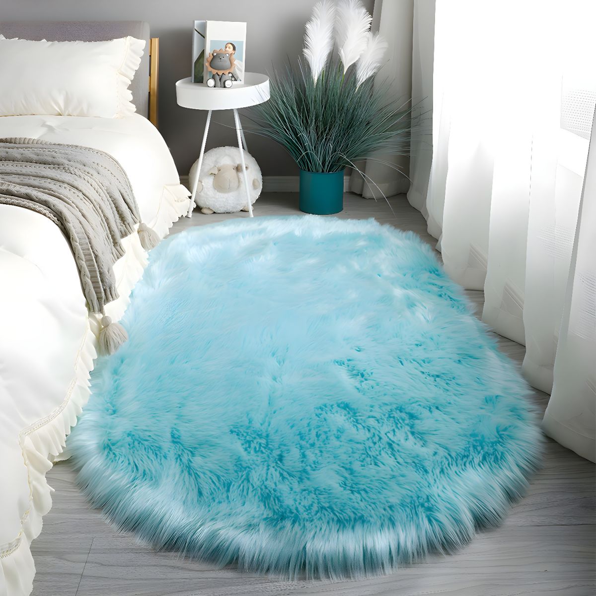 Oval Fluffy Rug for Bedroom and Living Room - Soft Shaggy Pile